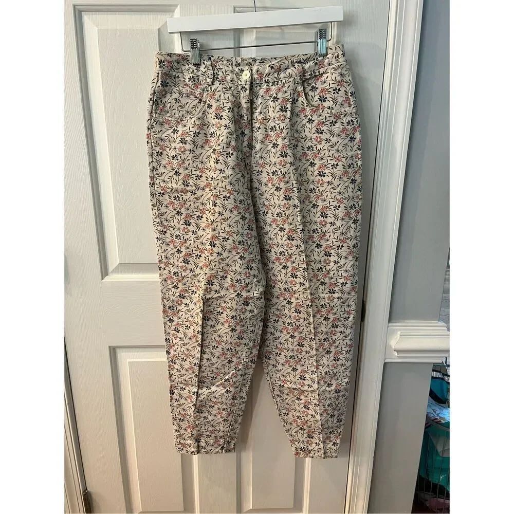 Susan Bristol Tan Floral Linen Blend Taper Leg Cottagecore Pants sz 12P EUC